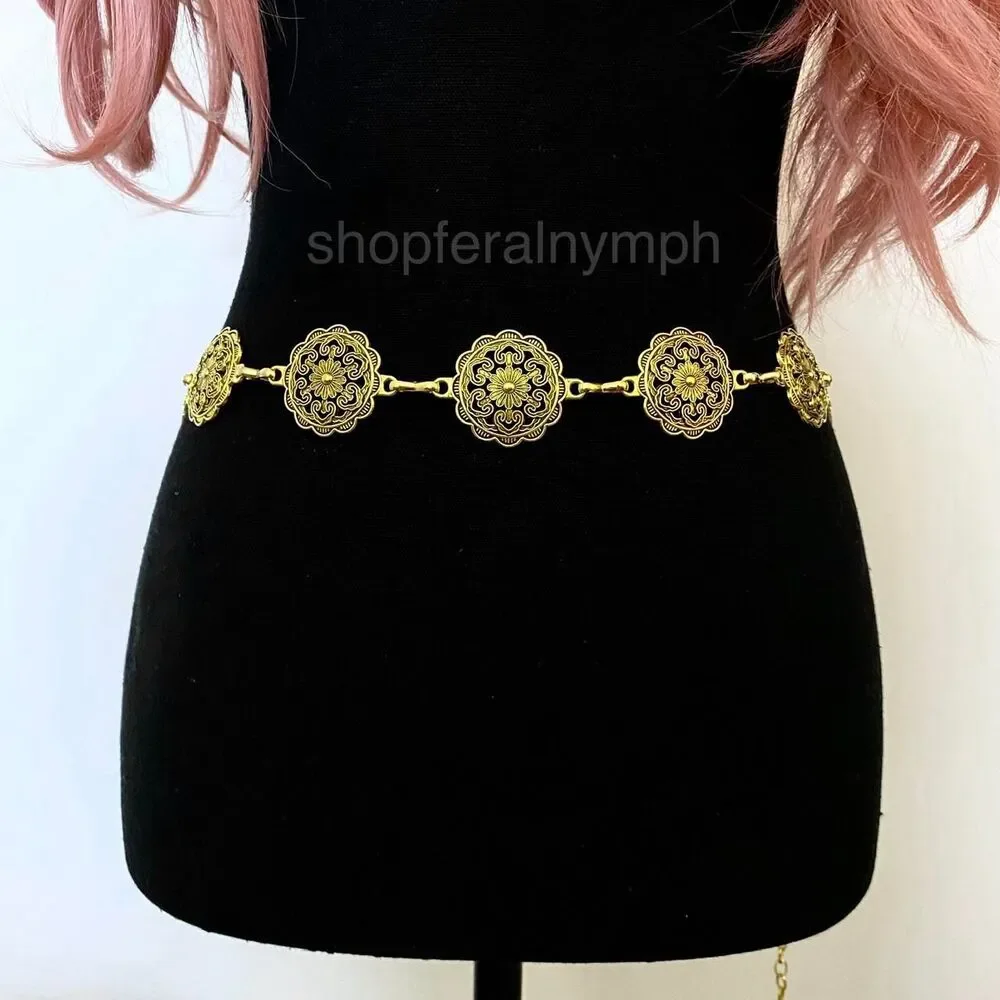 Gold Y2K Floral Mandala Boho Chain Belt, Fits 22.5-41.5 Inches, X7GA1281
